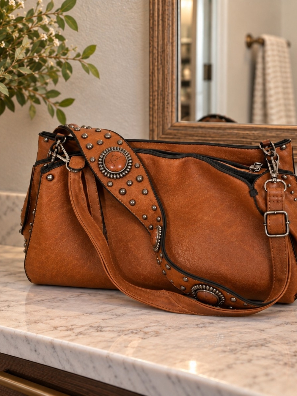Studded Tan Leather Shoulder Bag